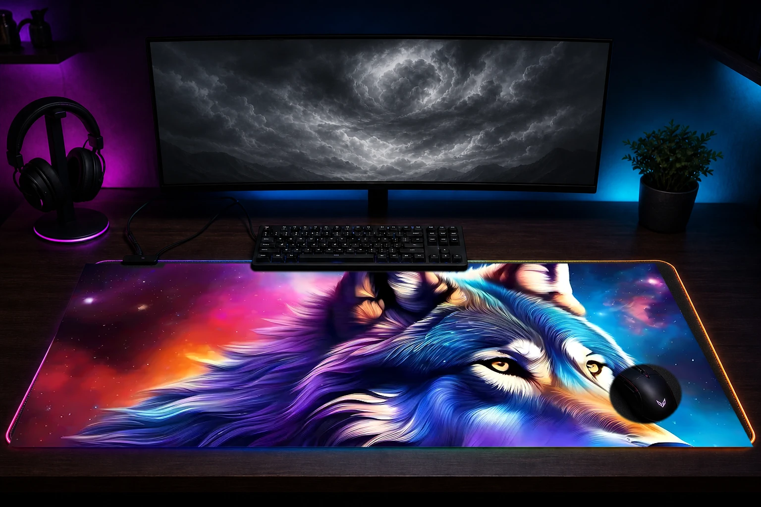Space Wolf RGB Desk Mat immersive setup scene