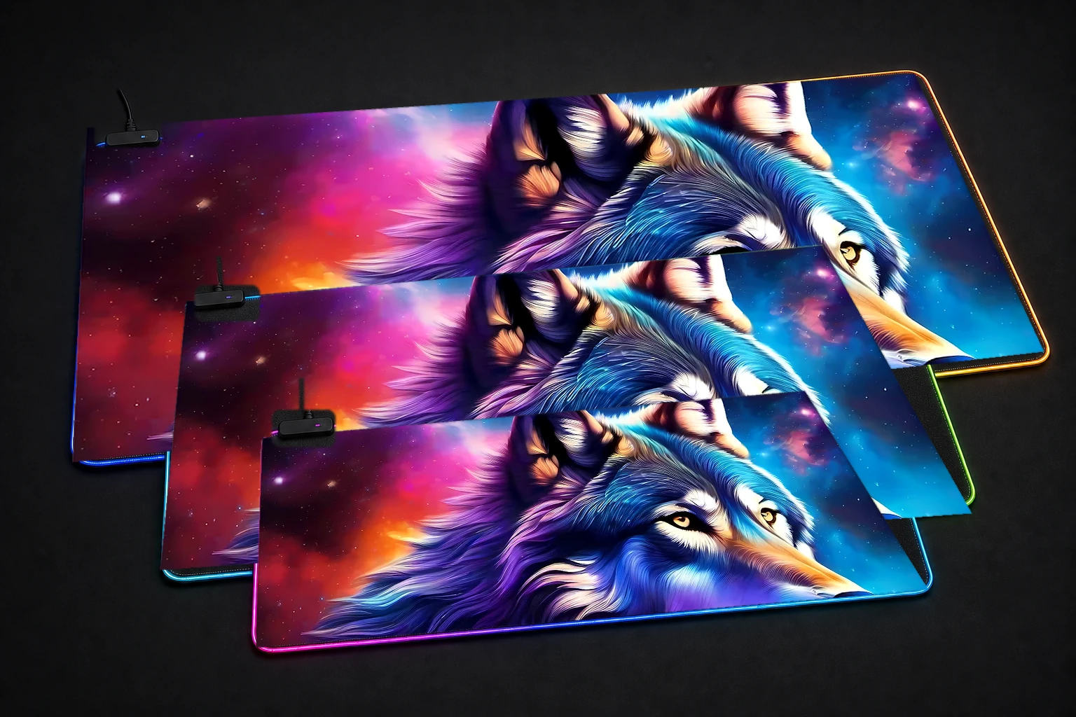 Space Wolf RGB Desk Mat three-size comparison