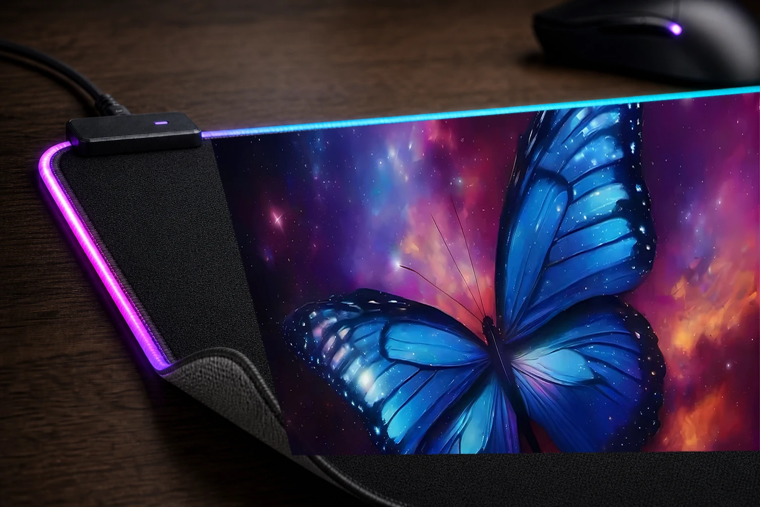 Space Butterfly RGB Desk Mat controller and material detail