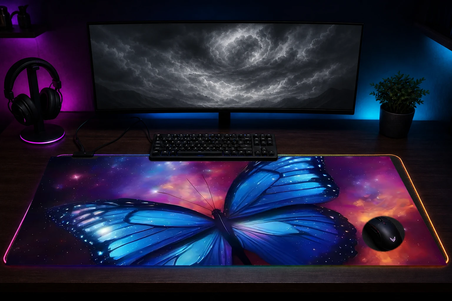 Space Butterfly RGB Desk Mat immersive setup scene