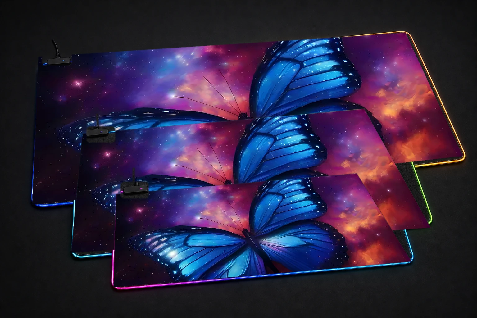 Space Butterfly RGB Desk Mat three-size comparison