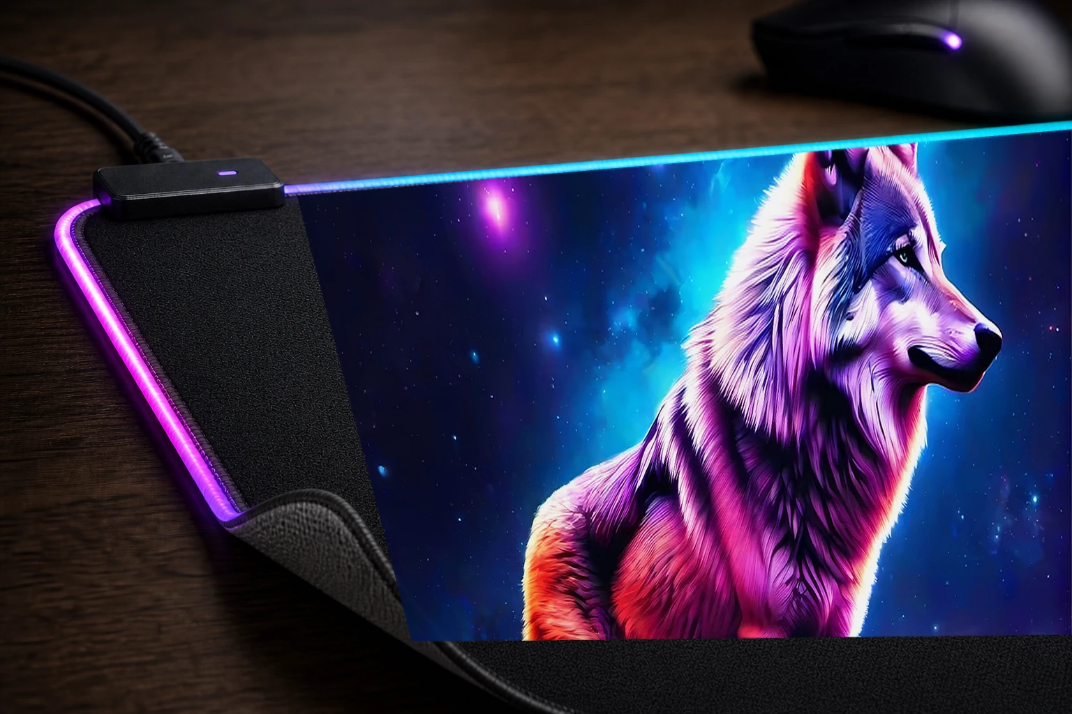 Space Wolf RGB Desk Mat controller and material detail