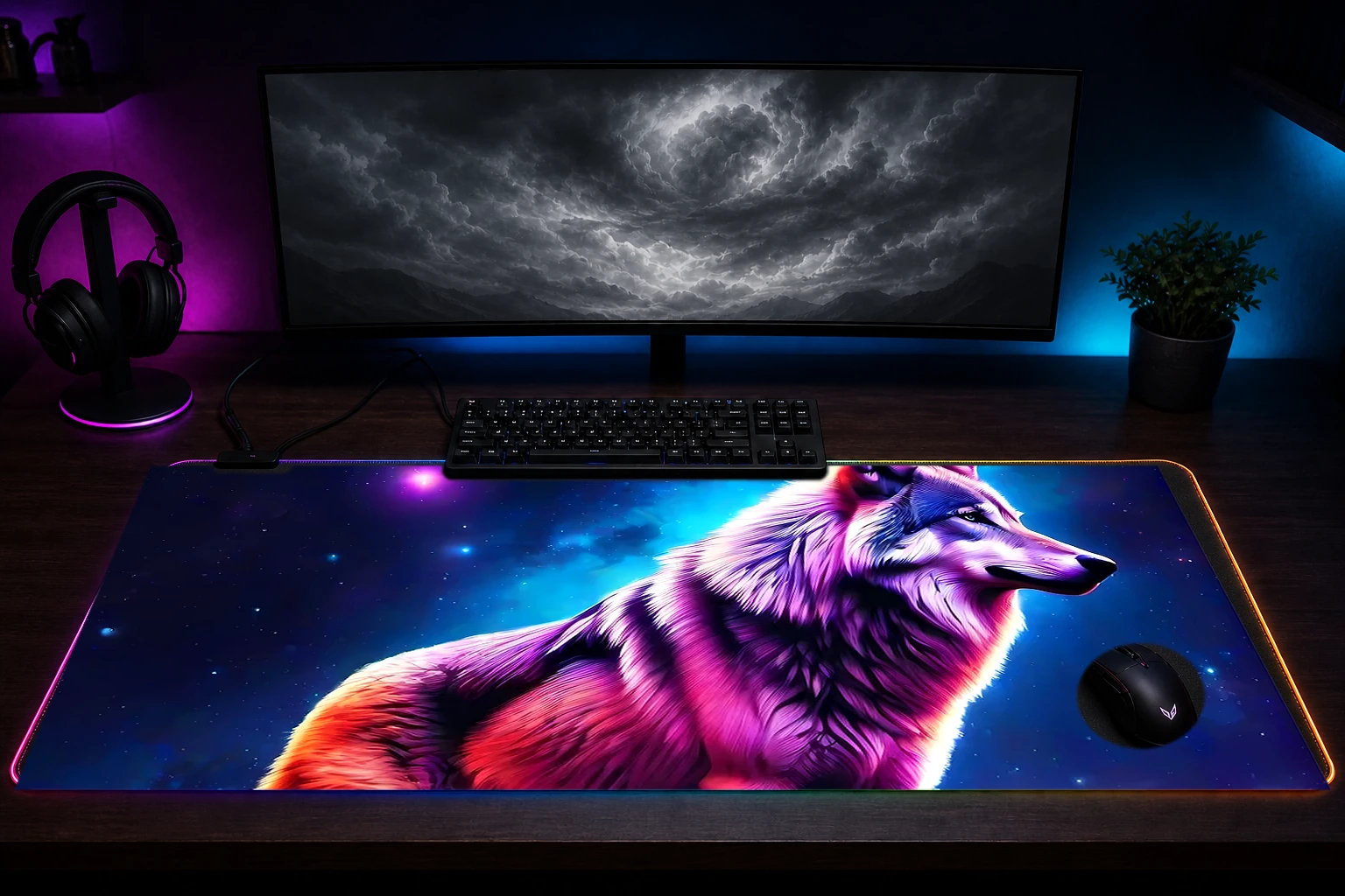 Space Wolf RGB Desk Mat immersive setup scene