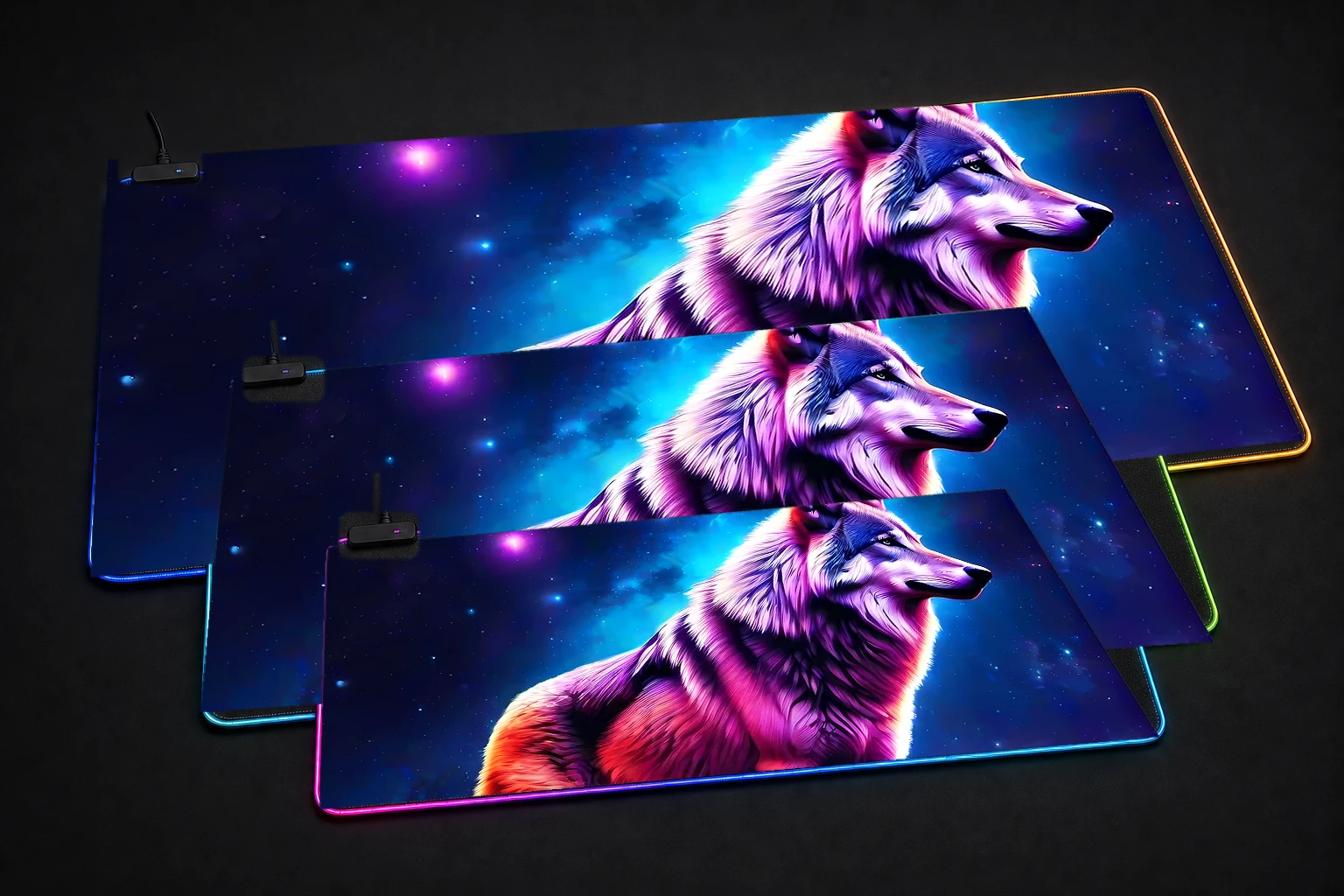Space Wolf RGB Desk Mat three-size comparison