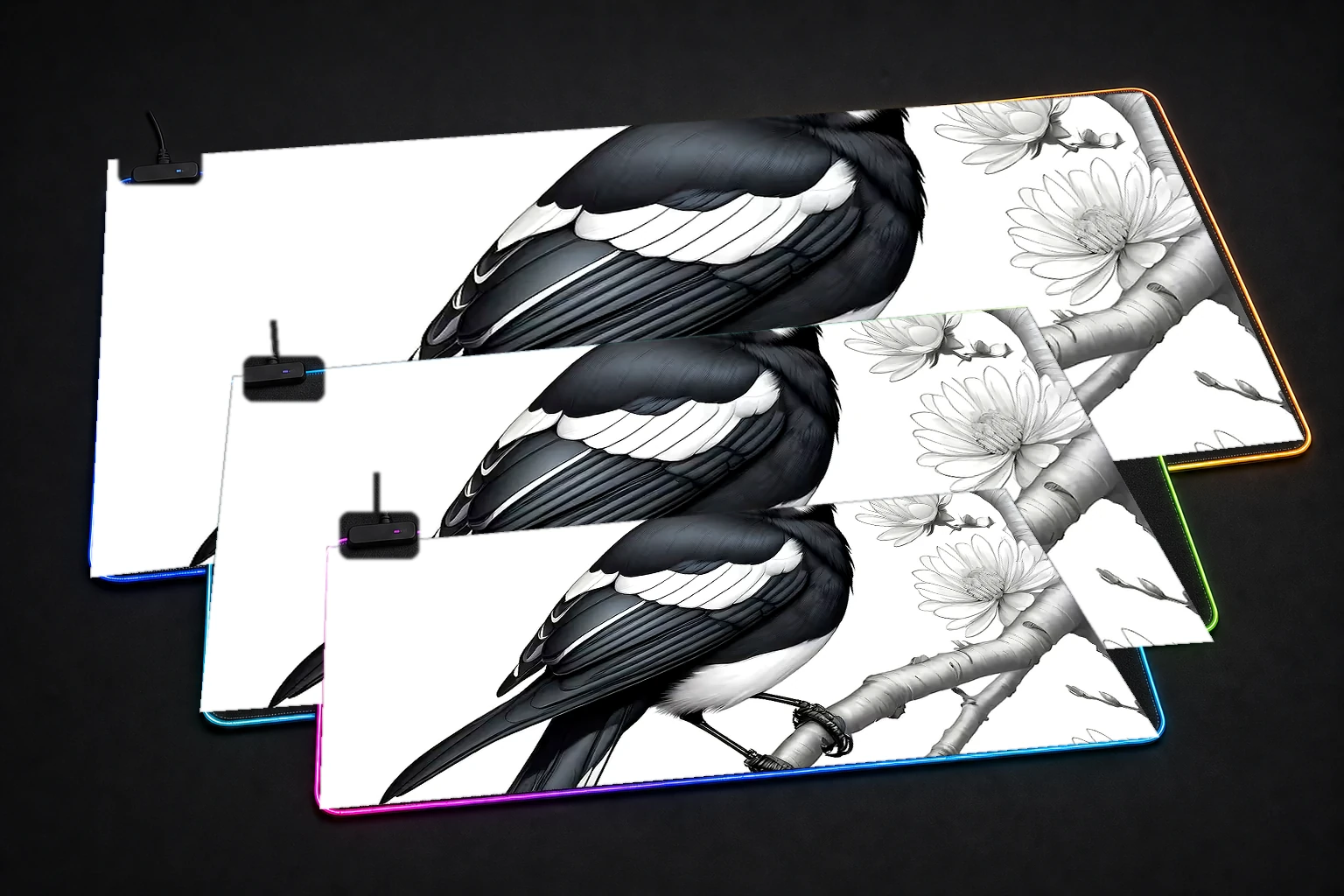 Magpie Stone RGB Desk Mat three-size comparison