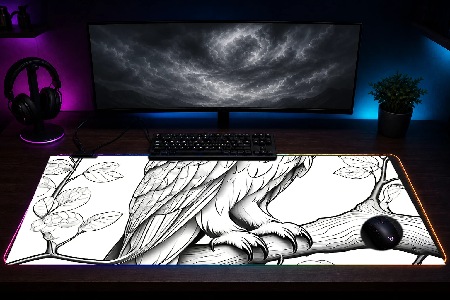 Owl RGB Desk Mat immersive setup scene