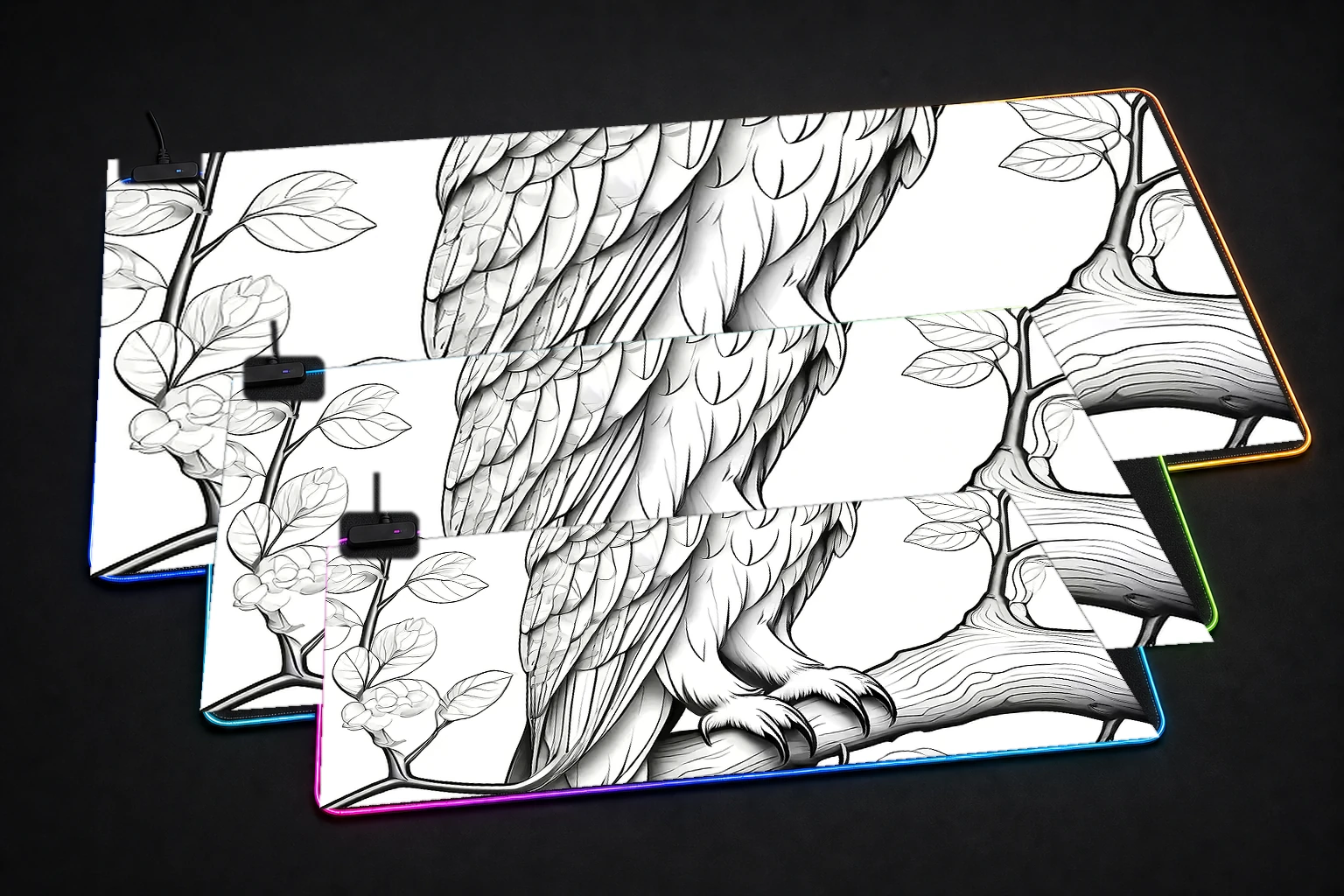 Owl RGB Desk Mat three-size comparison