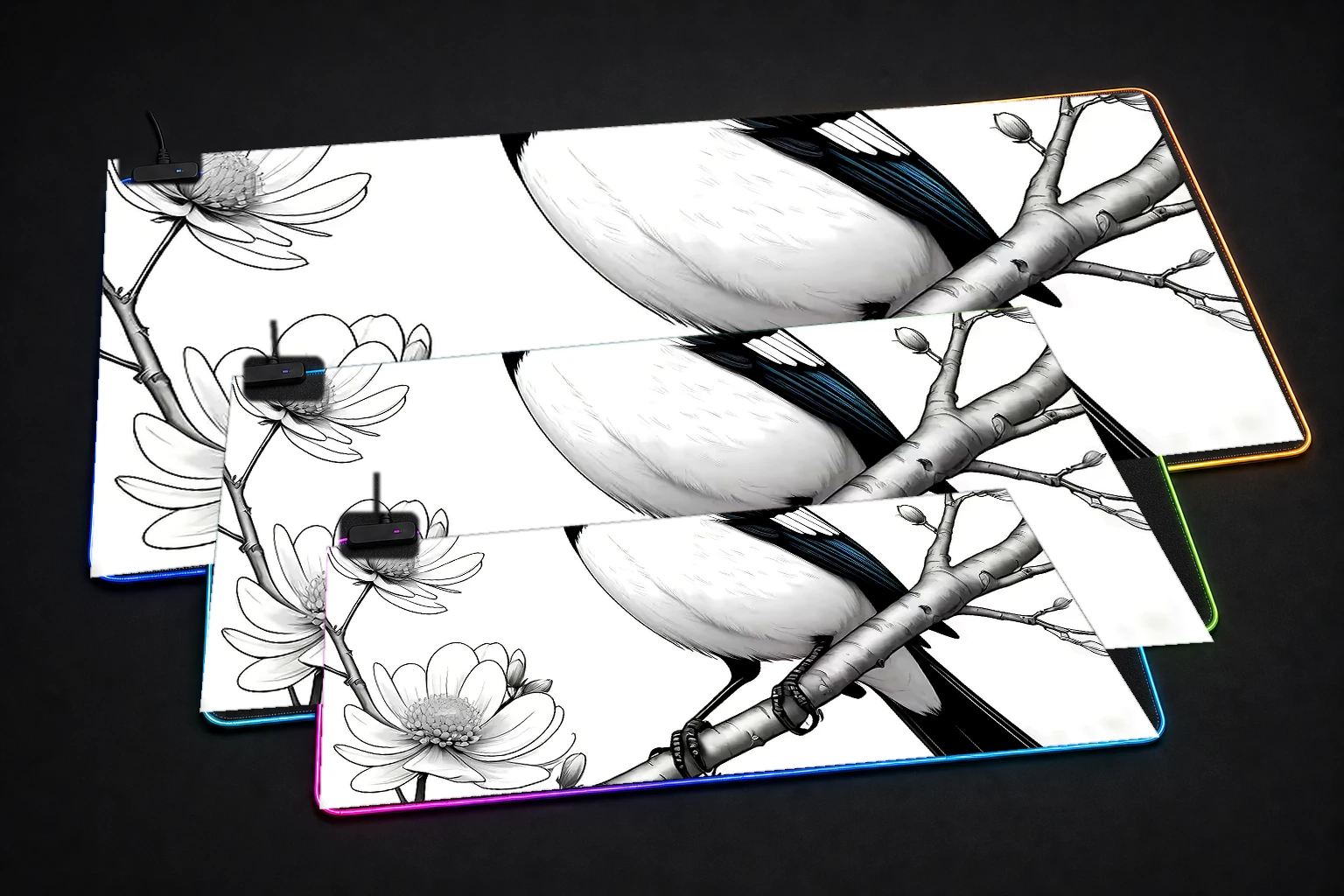 Magpie Stone RGB Desk Mat three-size comparison