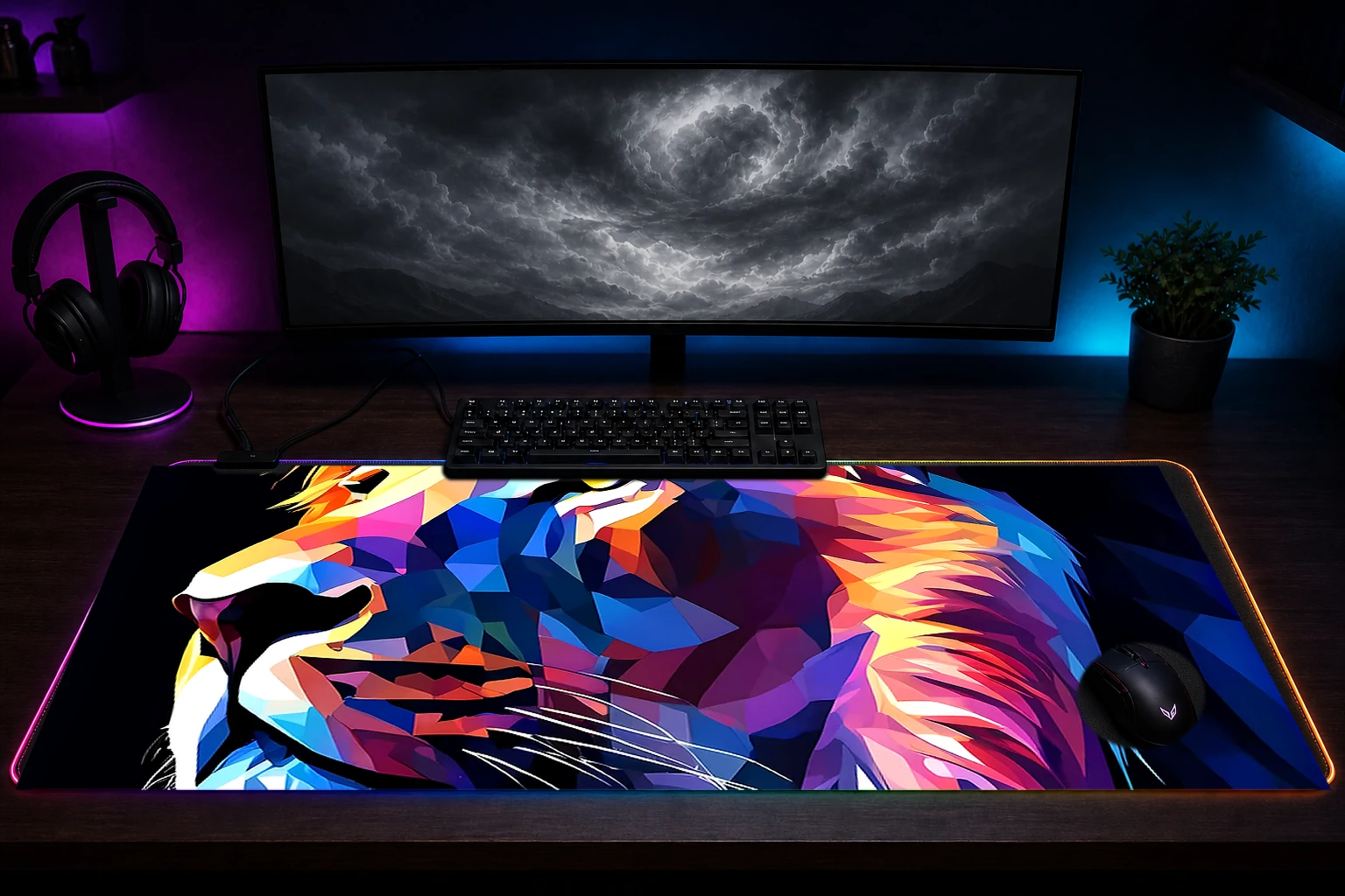 Lion RGB Desk Mat immersive setup scene