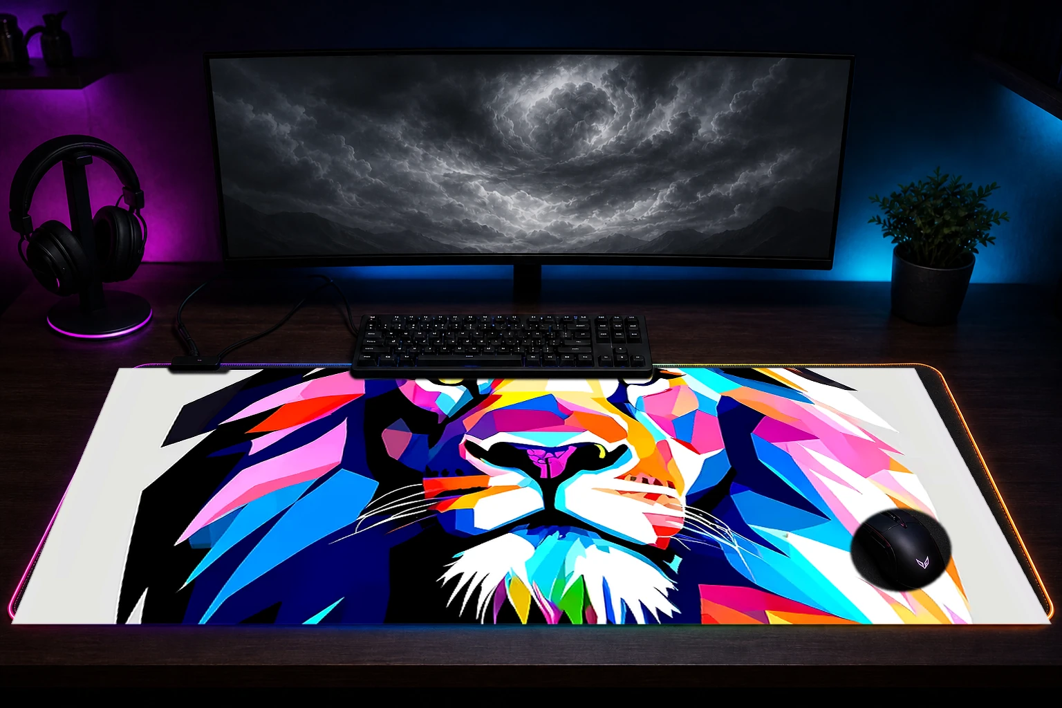 Lion RGB Desk Mat immersive setup scene