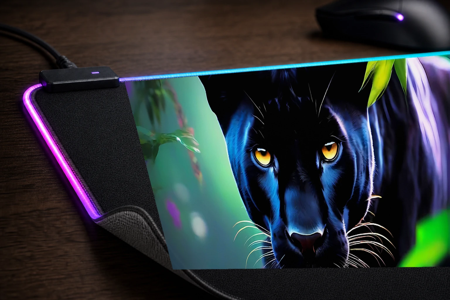Black Panther RGB Desk Mat controller and material detail