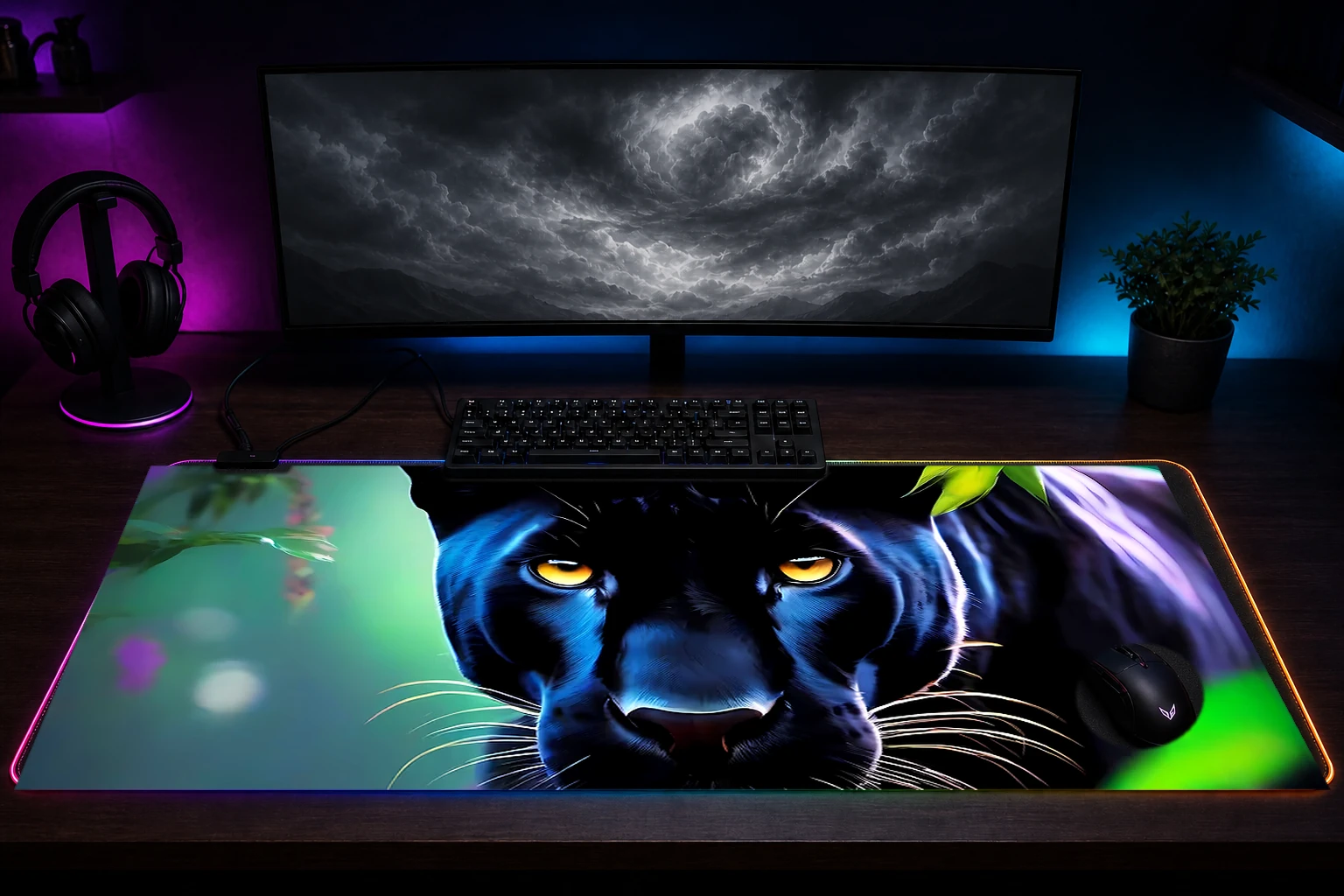 Black Panther RGB Desk Mat immersive setup scene