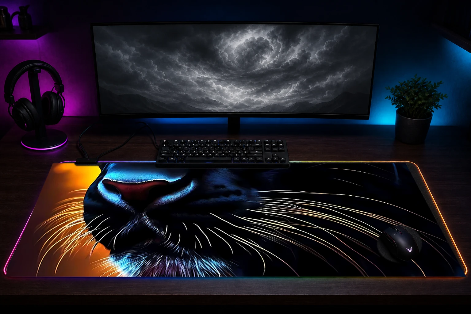 Black Panther RGB Desk Mat immersive setup scene