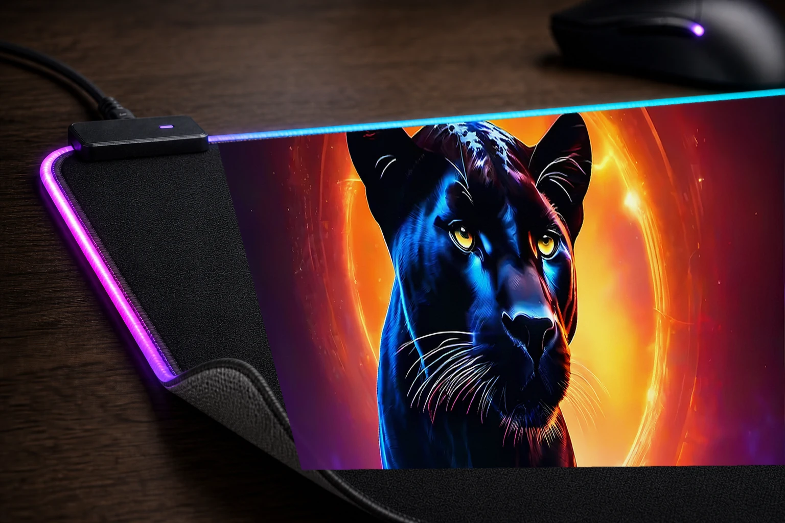 Black Panther RGB Desk Mat controller and material detail