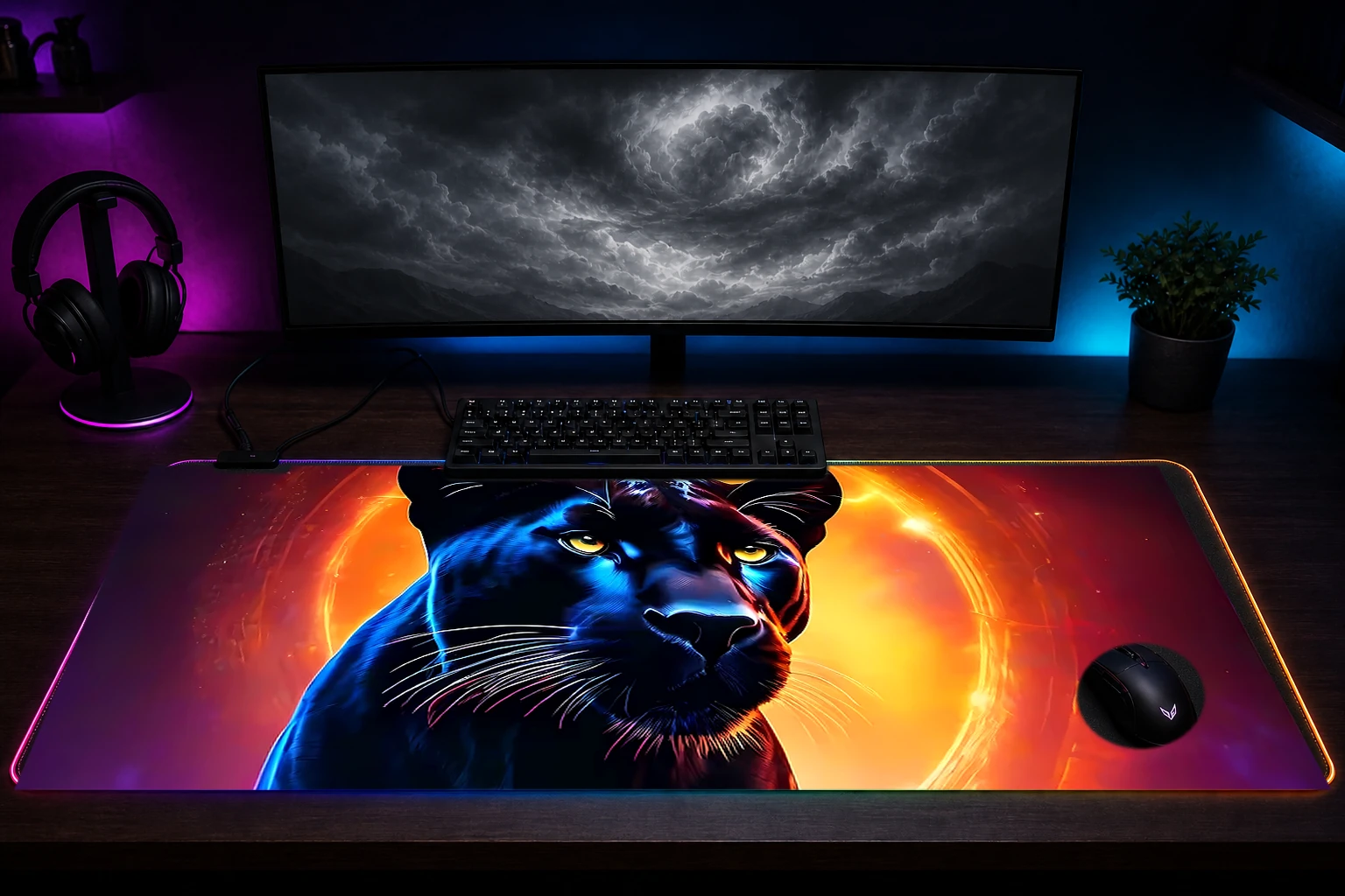 Black Panther RGB Desk Mat immersive setup scene