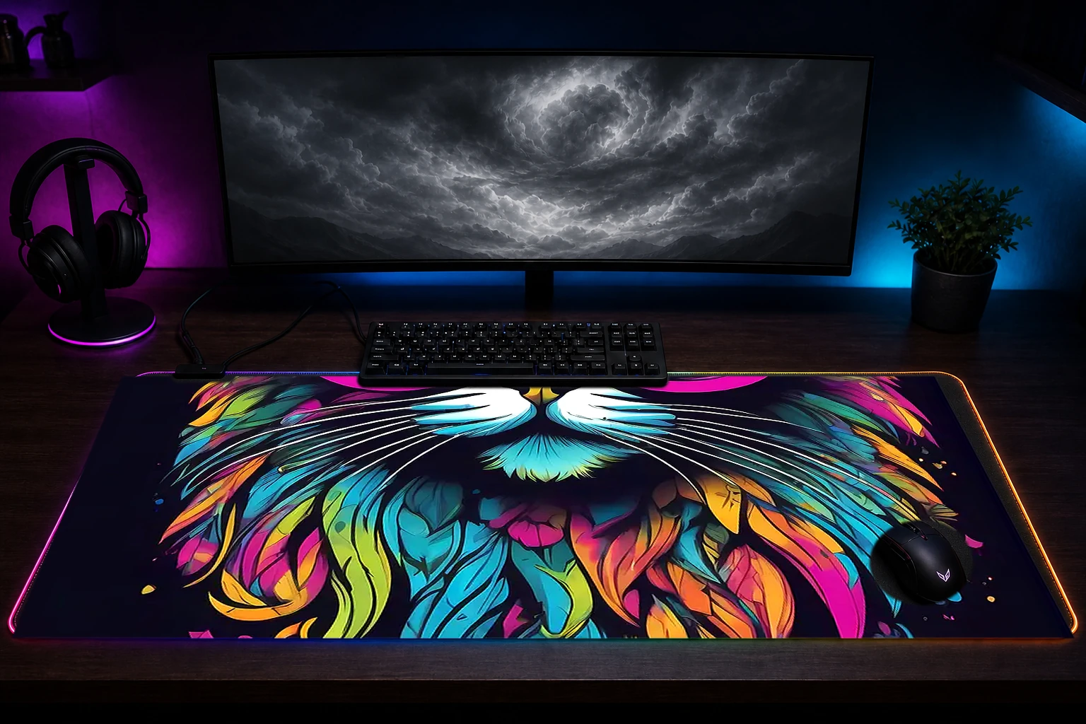 Cat RGB Desk Mat immersive setup scene