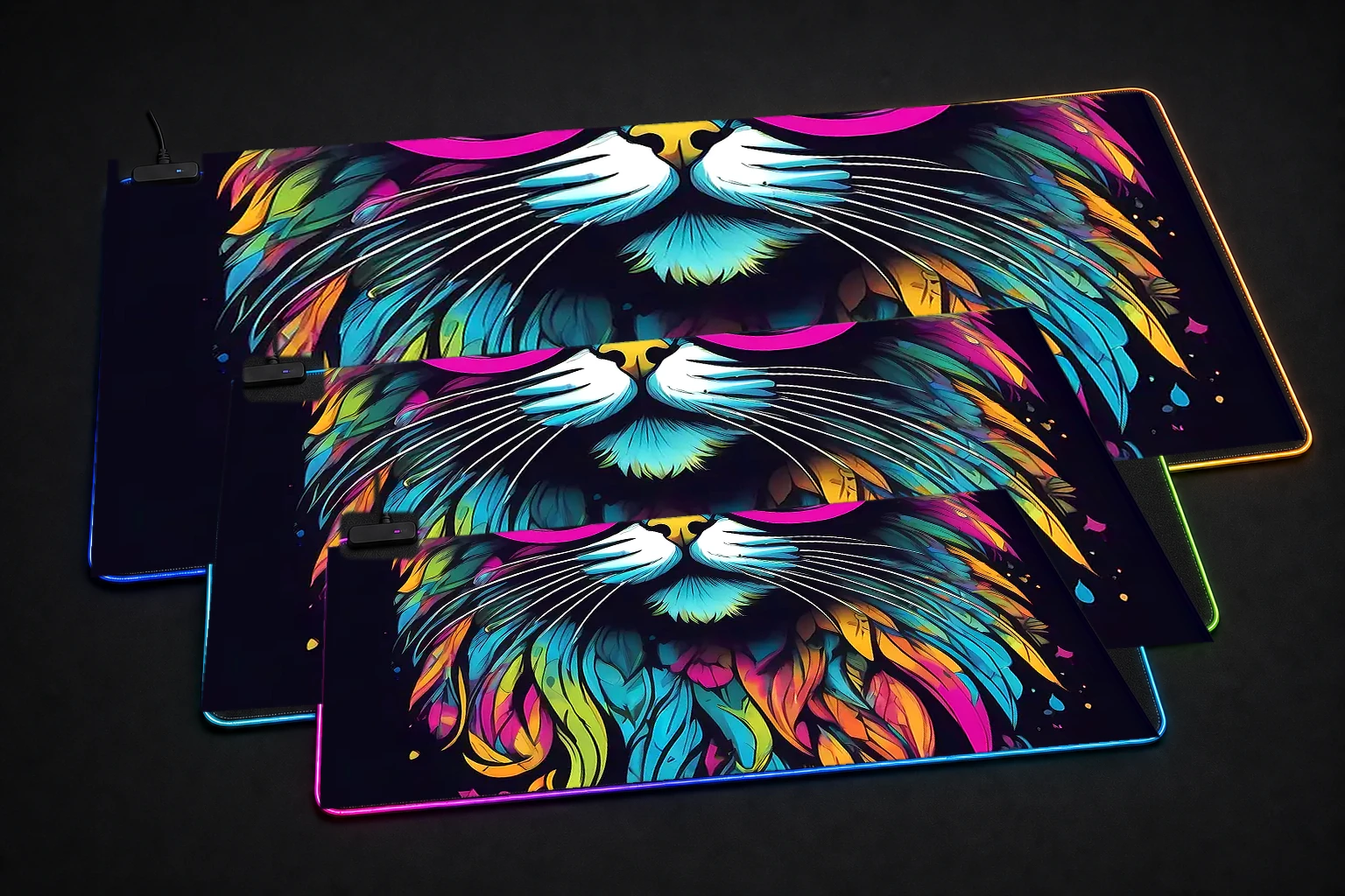 Cat RGB Desk Mat three-size comparison