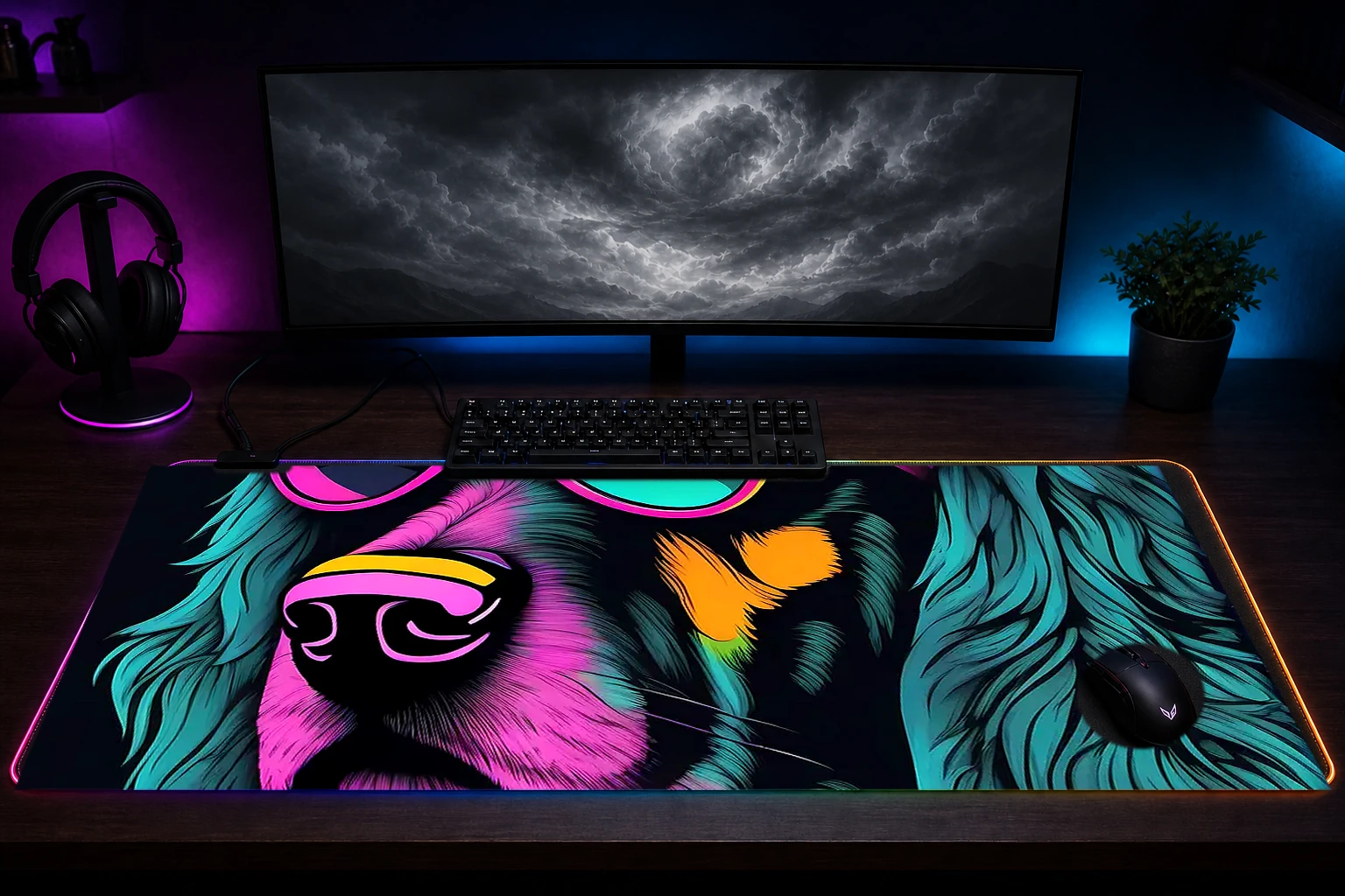 Dog RGB Desk Mat immersive setup scene