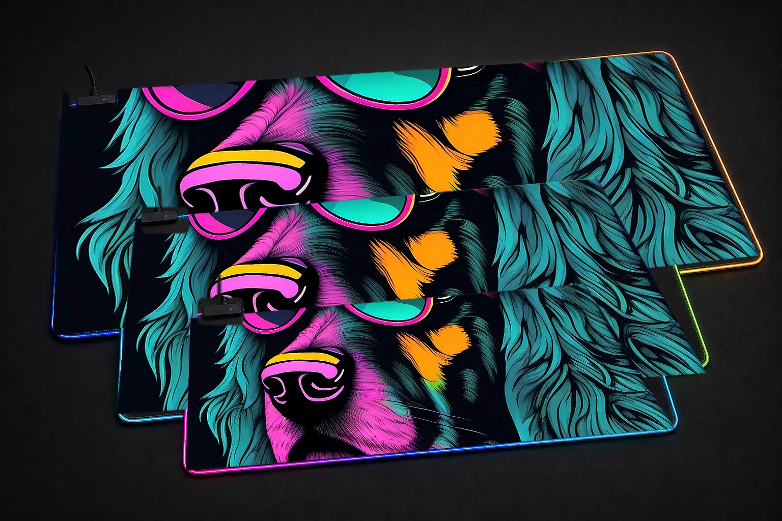 Dog RGB Desk Mat three-size comparison