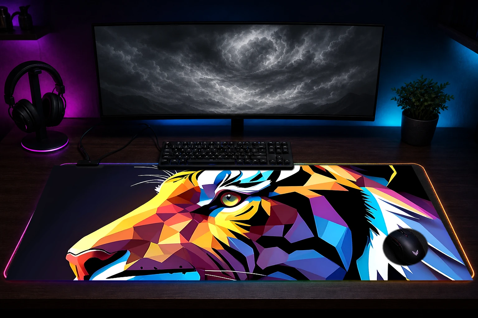 Tiger RGB Desk Mat immersive setup scene