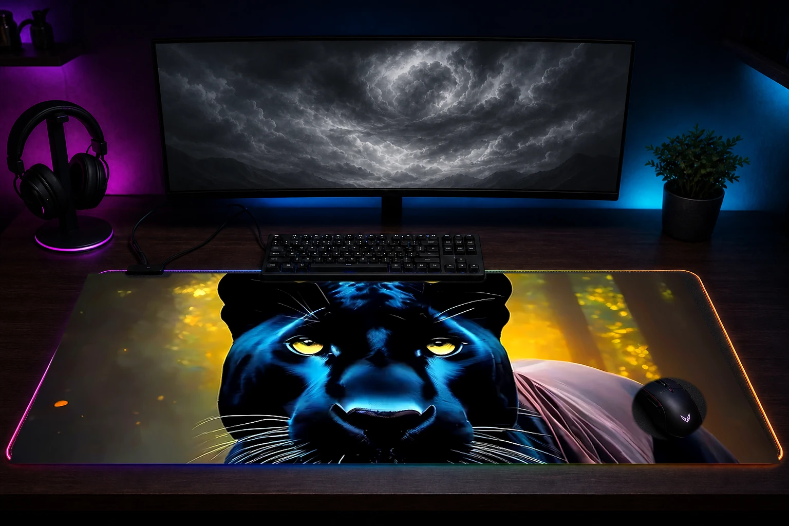 Black Panther RGB Desk Mat immersive setup scene