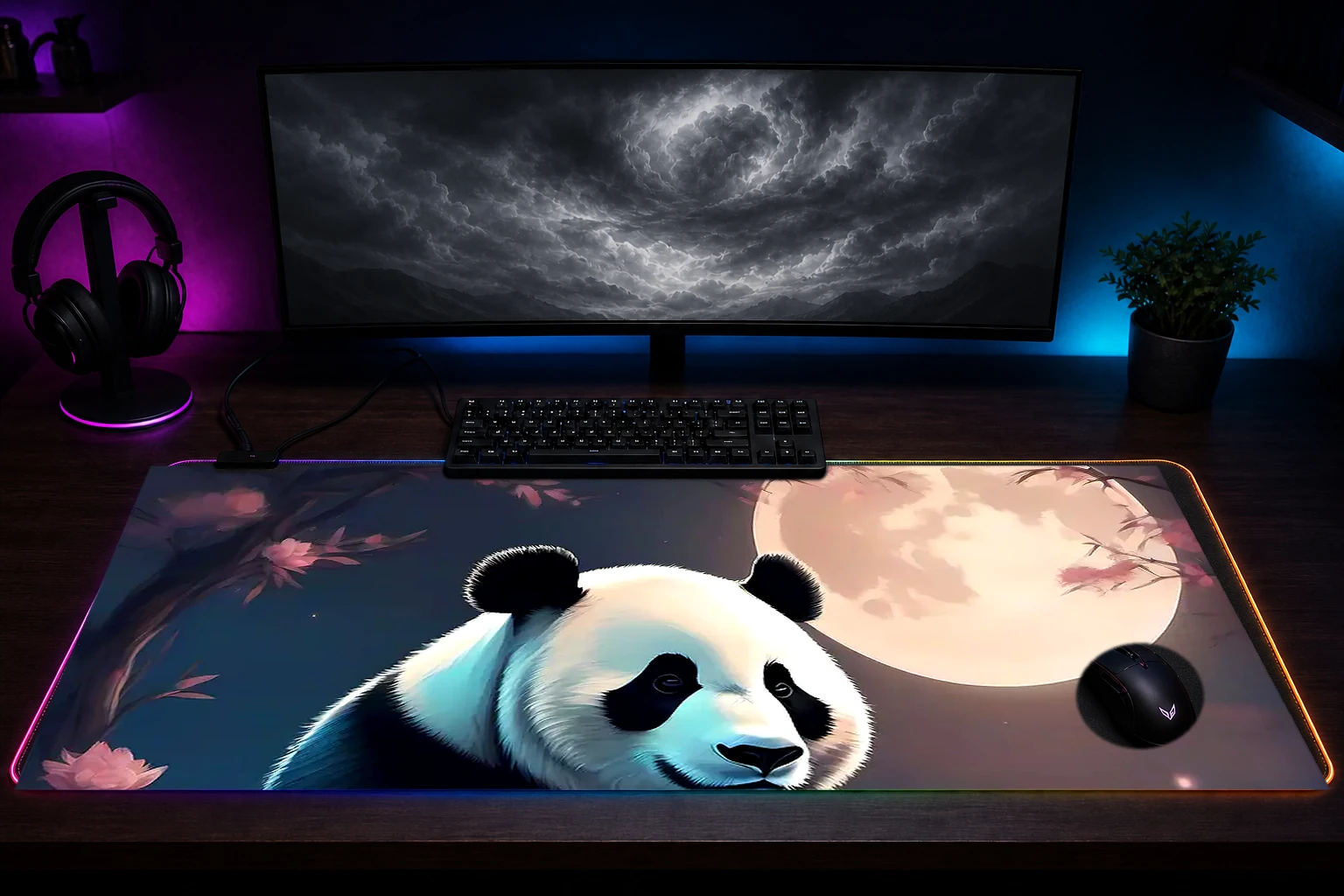 Panda RGB Desk Mat immersive setup scene