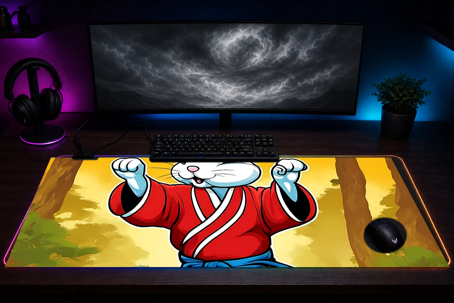 Rabbit RGB Desk Mat immersive setup scene