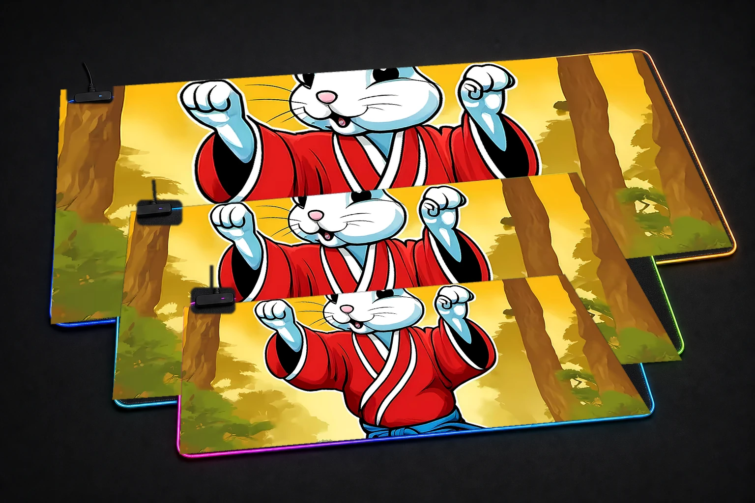 Rabbit RGB Desk Mat three-size comparison