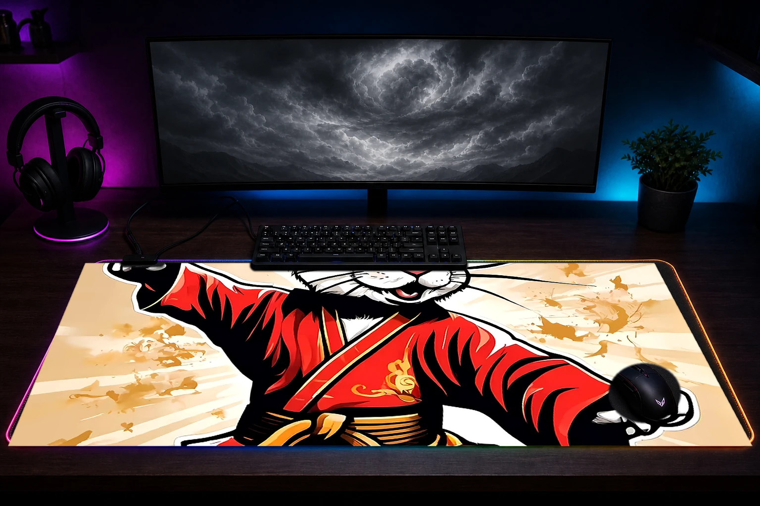 Rabbit RGB Desk Mat immersive setup scene