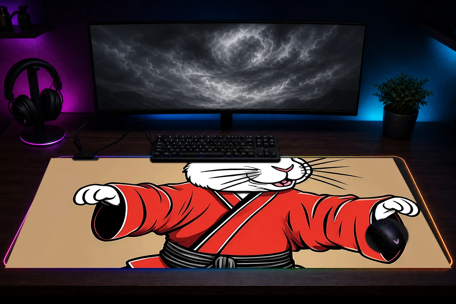 Rabbit RGB Desk Mat immersive setup scene