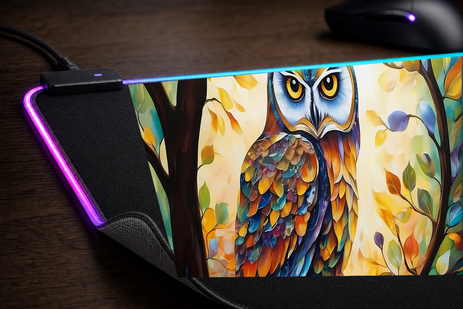 Owl RGB Desk Mat controller and material detail