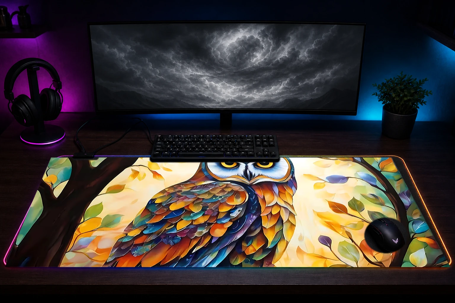 Owl RGB Desk Mat immersive setup scene