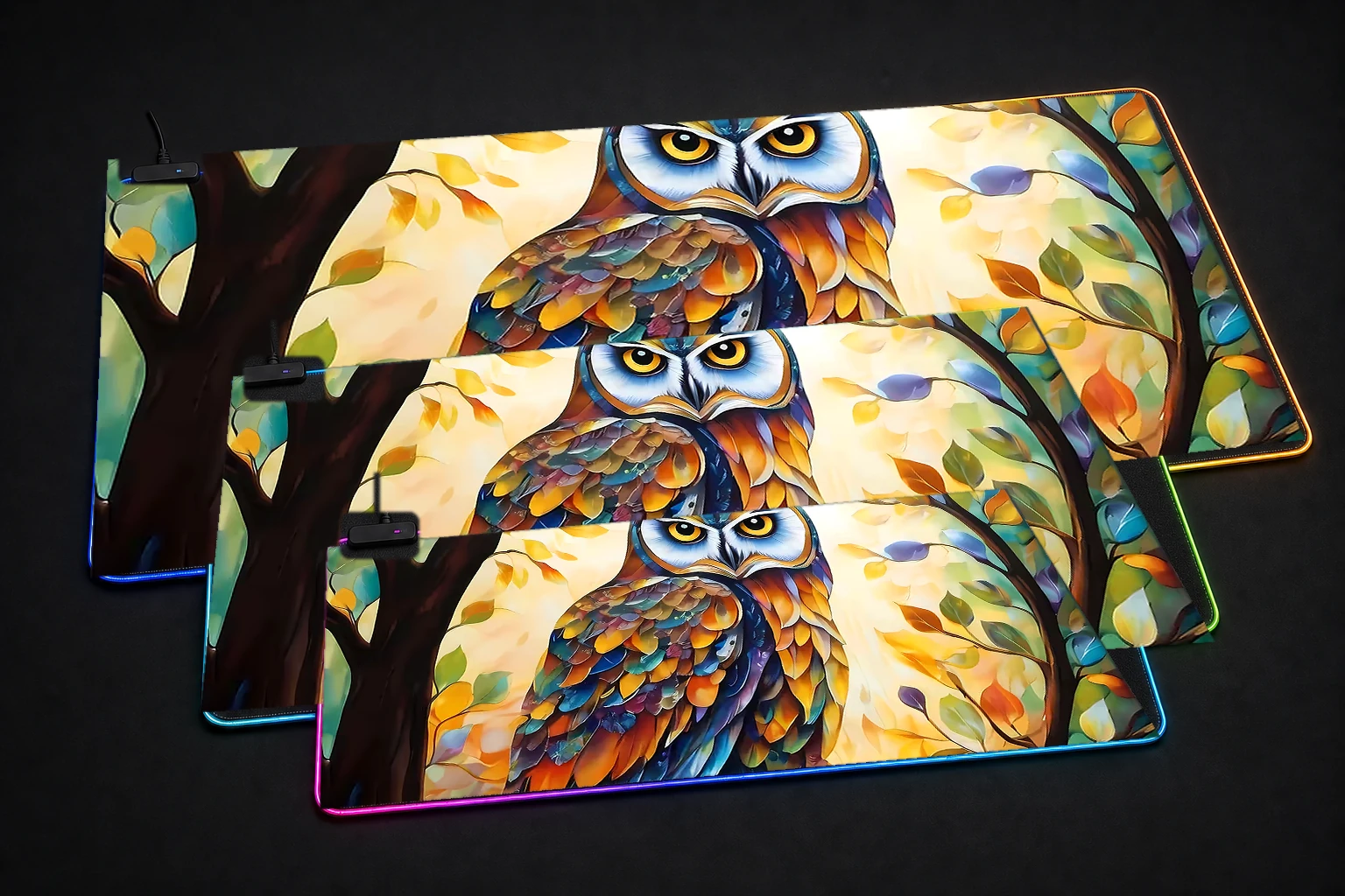 Owl RGB Desk Mat three-size comparison
