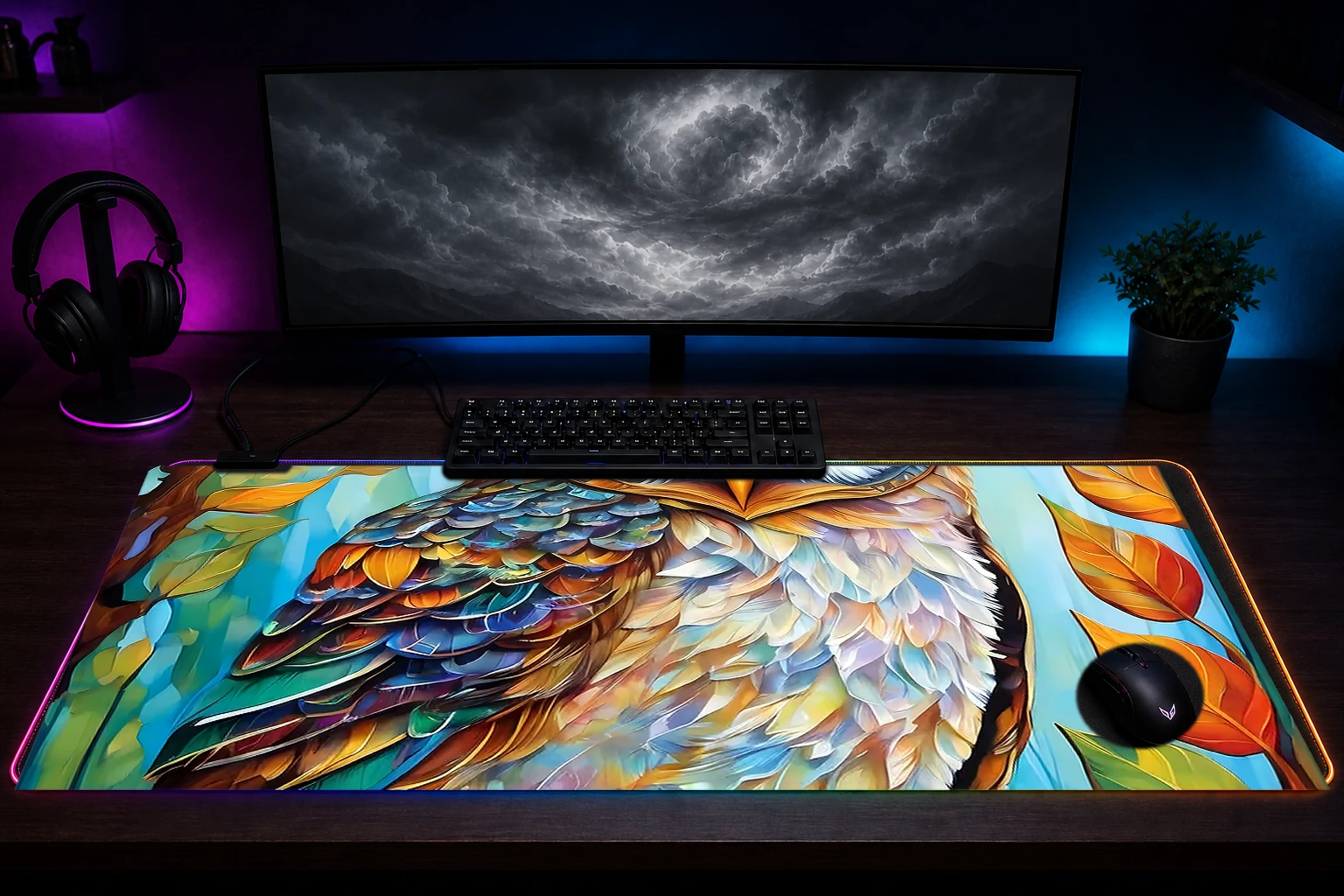 Owl RGB Desk Mat immersive setup scene