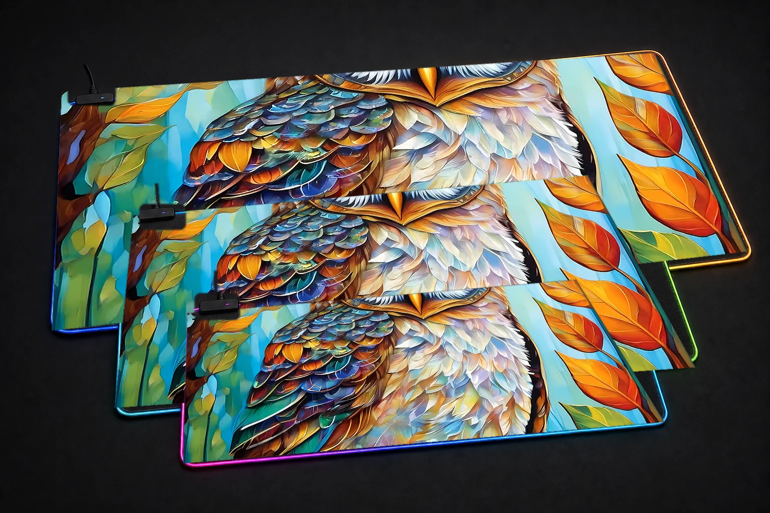 Owl RGB Desk Mat three-size comparison