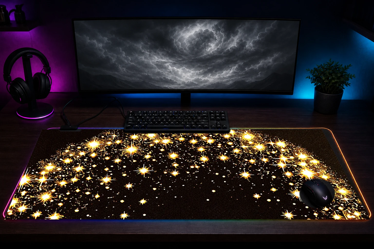 Black Woman Starlight RGB Desk Mat immersive setup scene