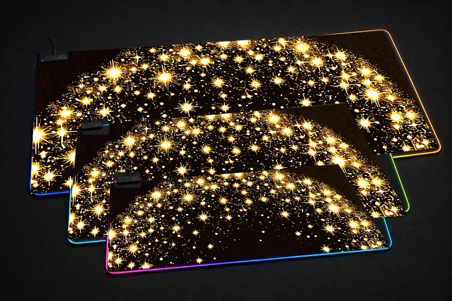 Black Woman Starlight RGB Desk Mat three-size comparison