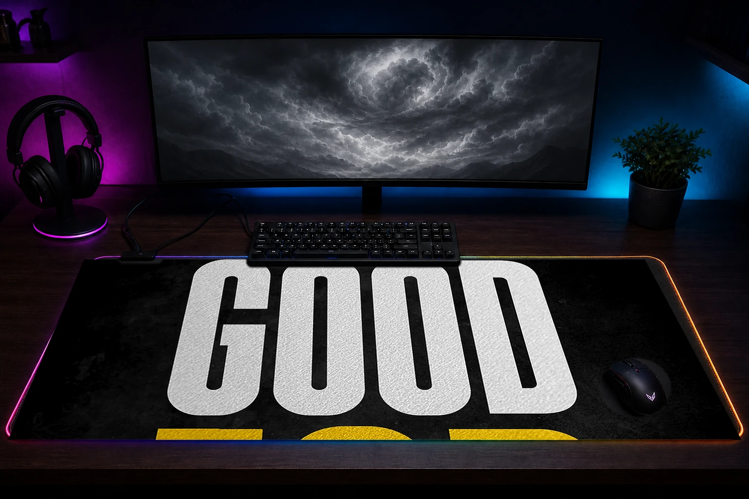 good job RGB Desk Mat immersive setup scene