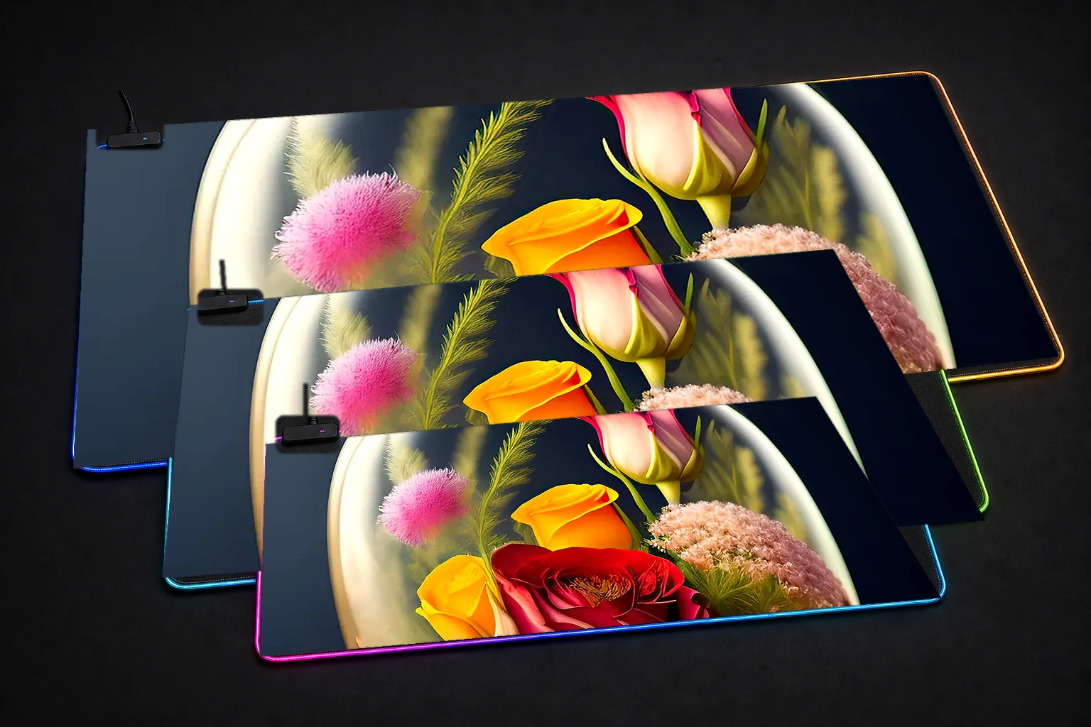 flower art RGB Desk Mat three-size comparison