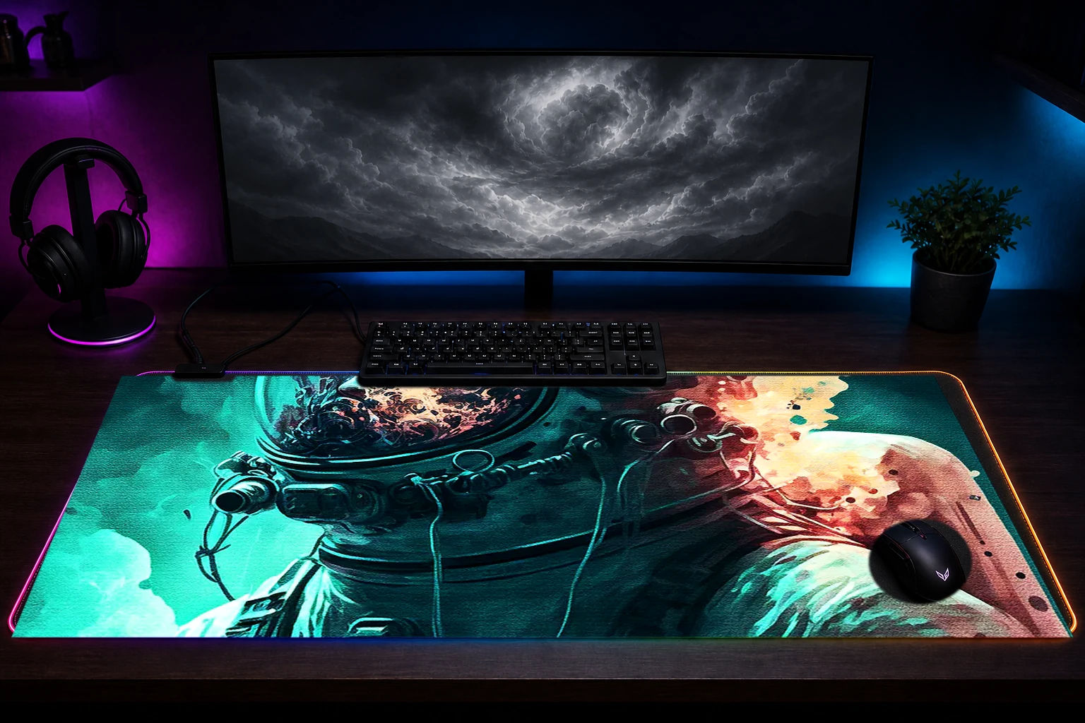 Astronaut in space sea RGB Desk Mat immersive setup scene