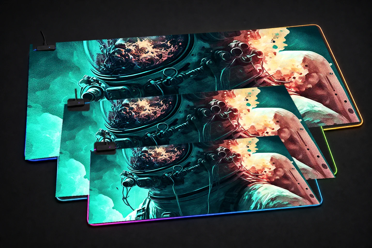 Astronaut in space sea RGB Desk Mat three-size comparison