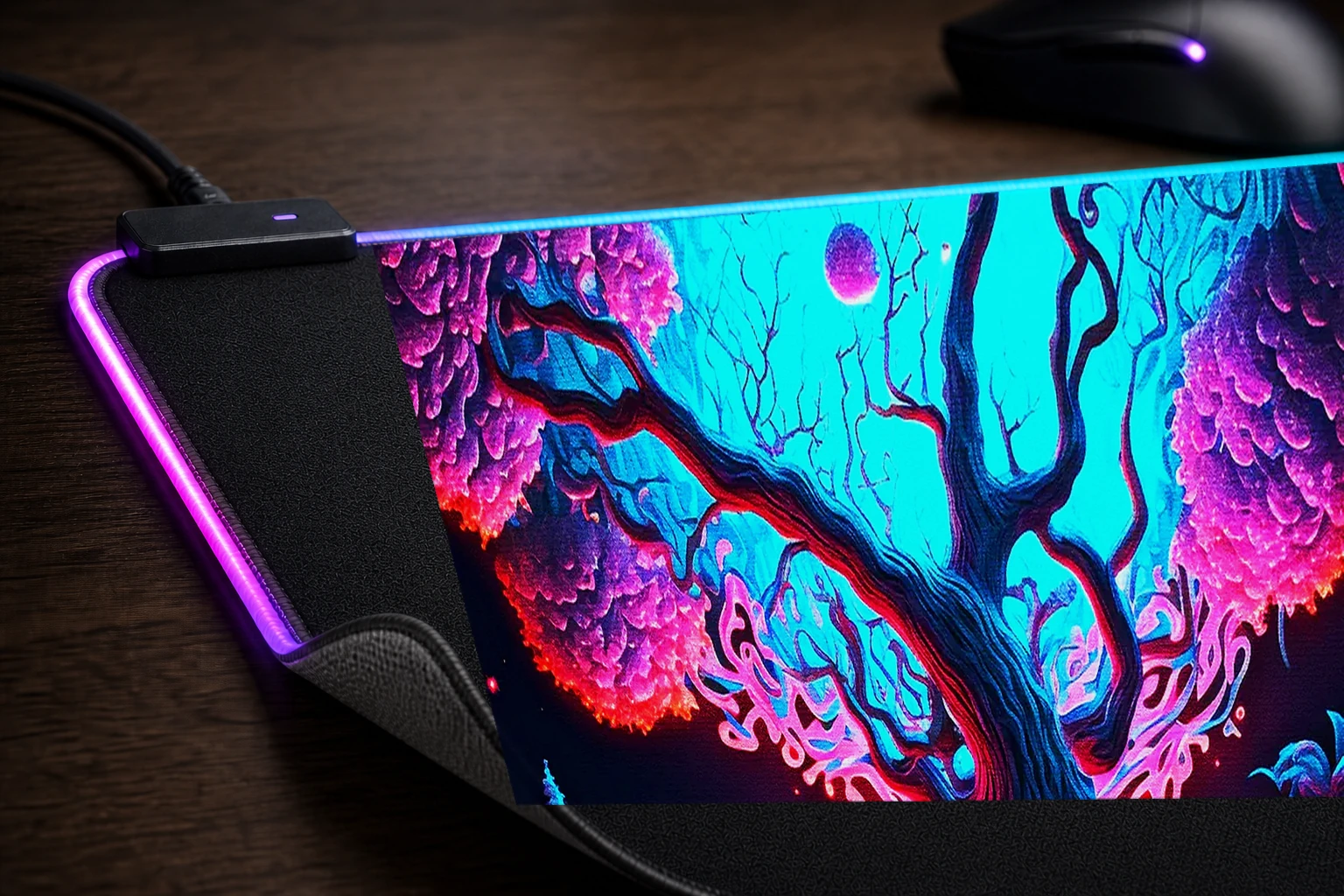 Abstract Art Tree RGB Desk Mat controller and material detail