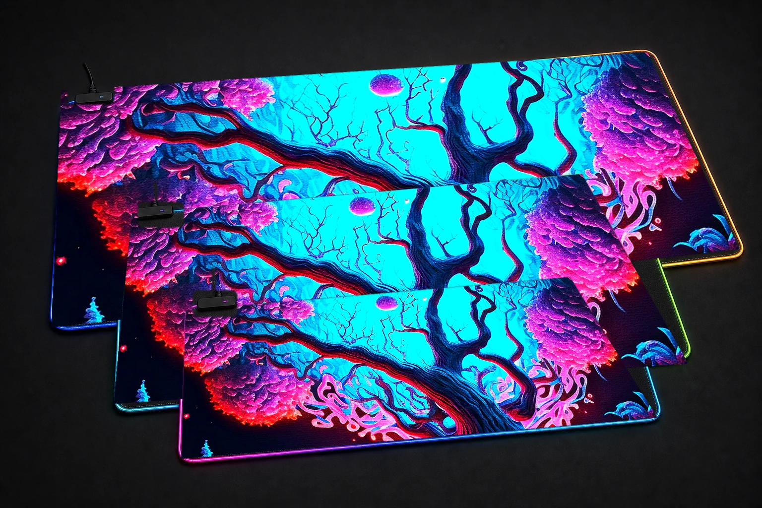 Abstract Art Tree RGB Desk Mat three-size comparison