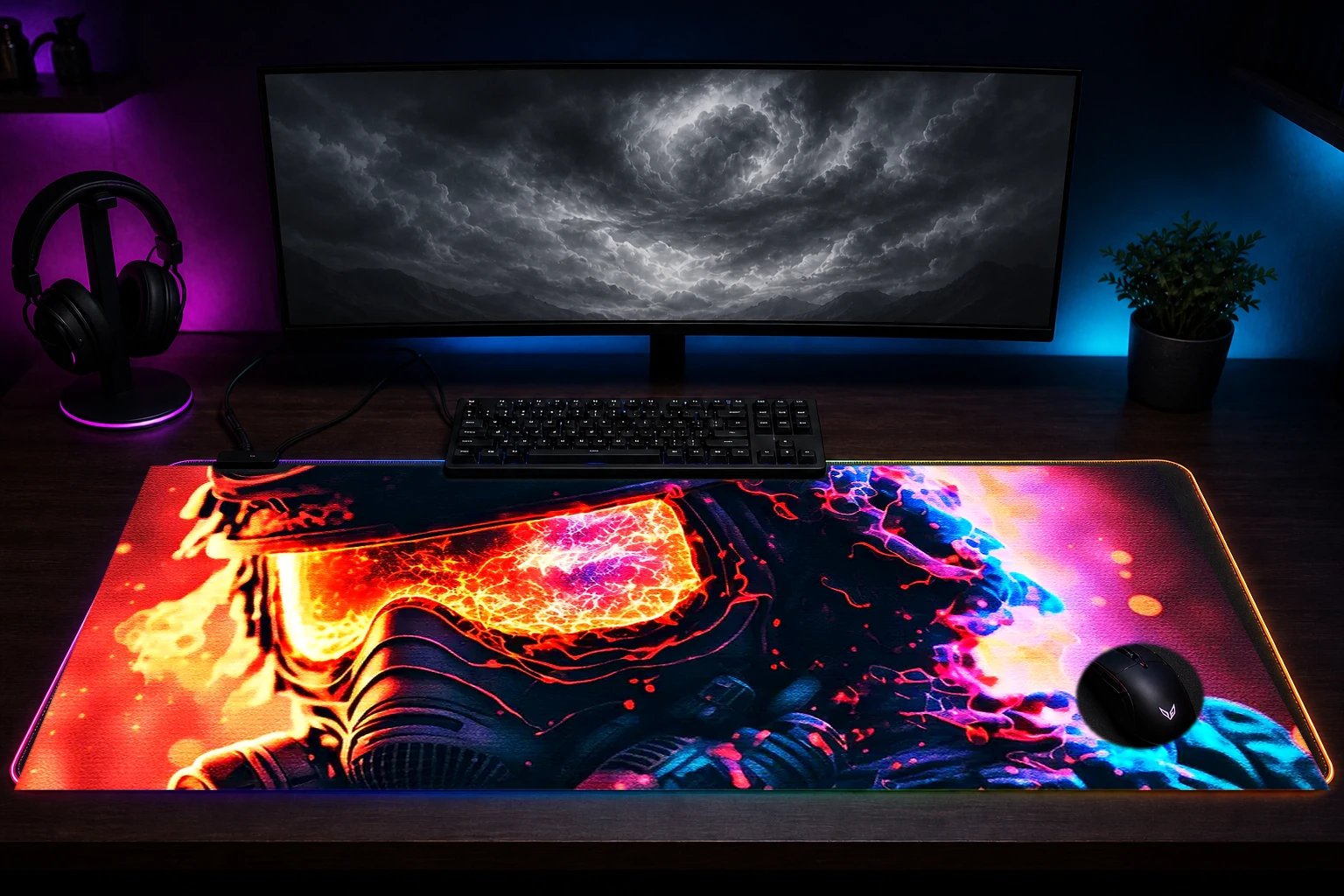 Colorful military RGB Desk Mat immersive setup scene