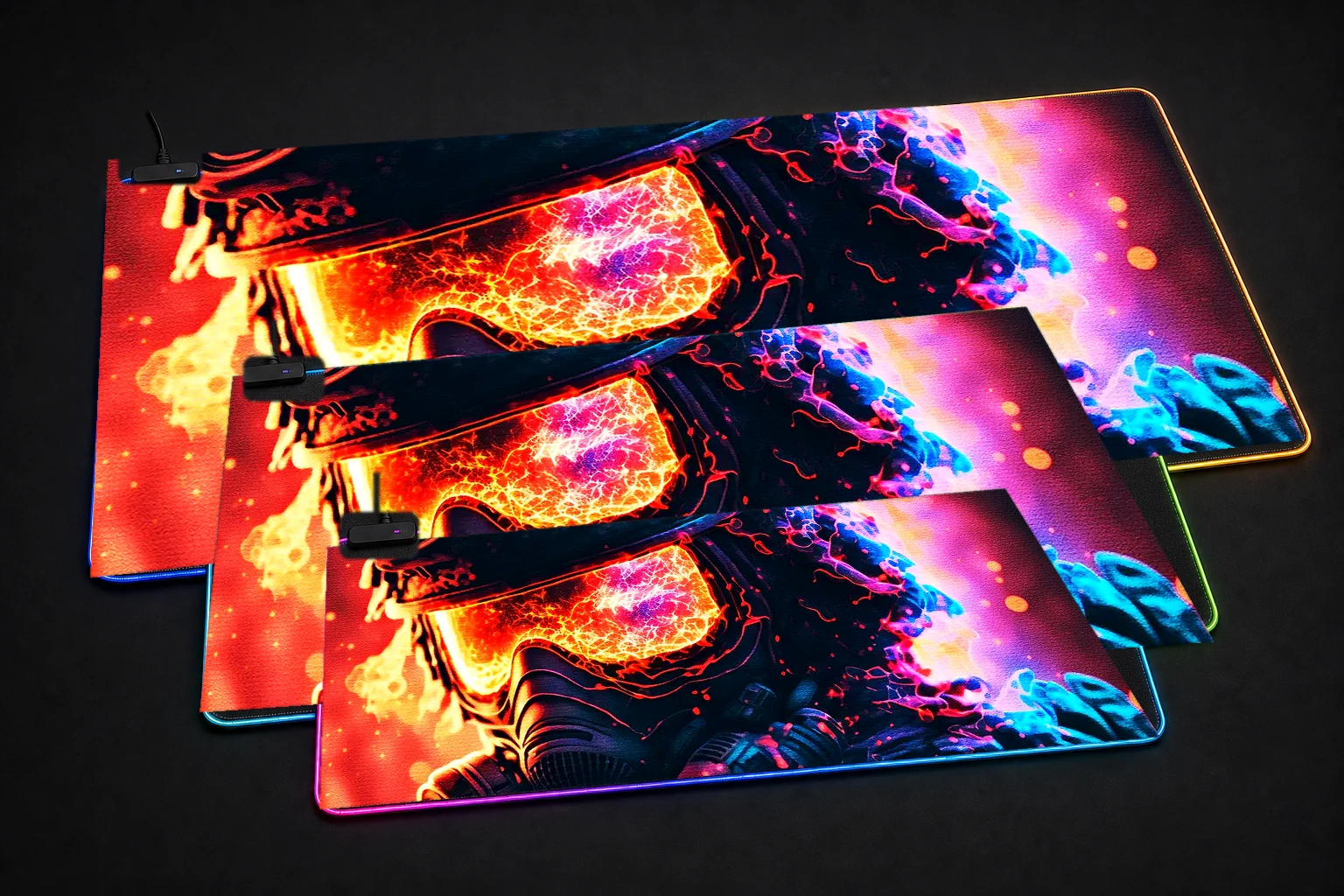 Colorful military RGB Desk Mat three-size comparison
