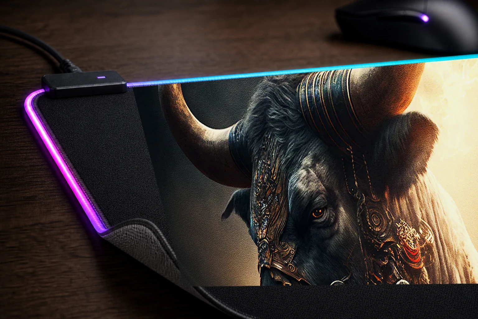 Ferocious Buffalo RGB Desk Mat controller and material detail