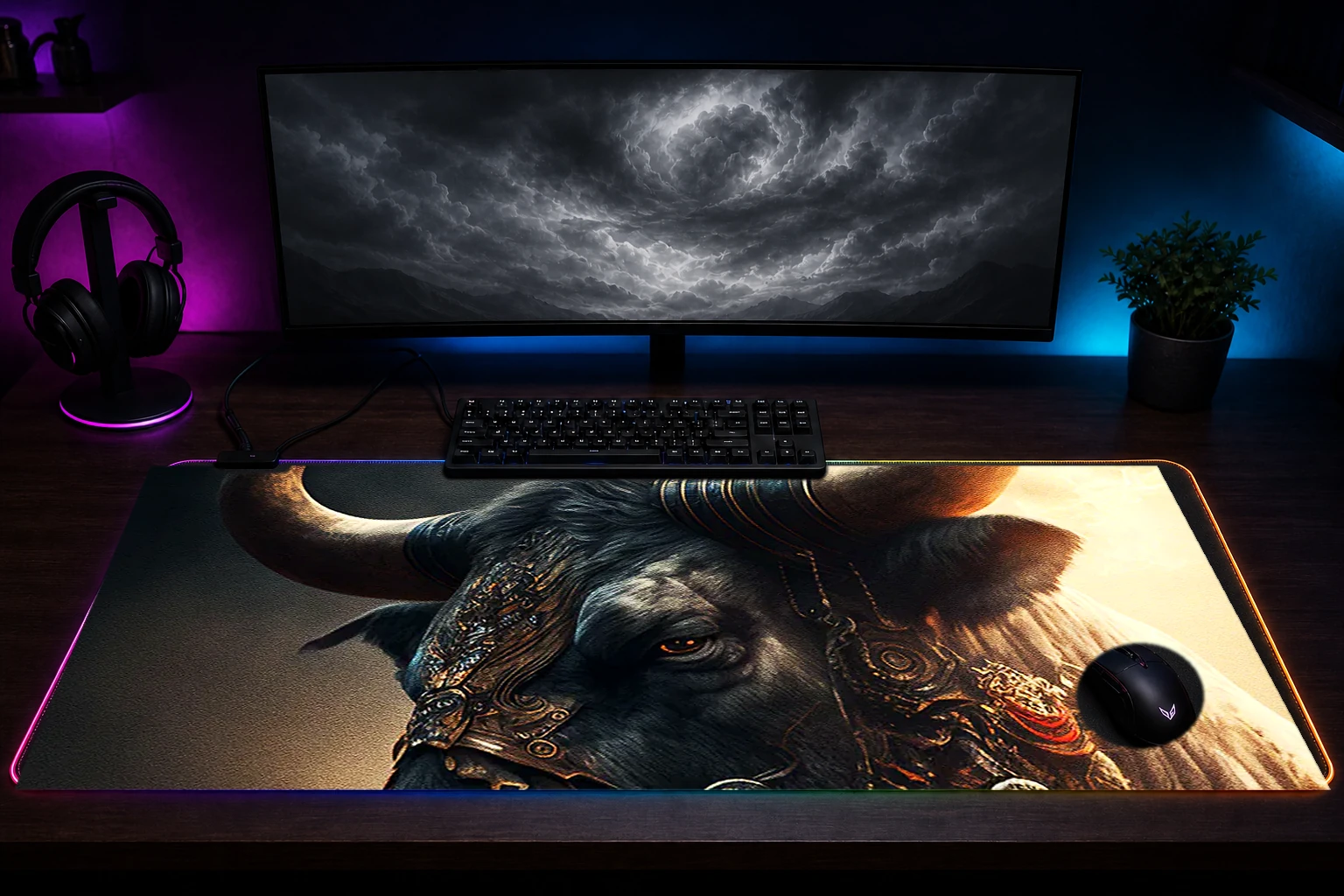 Ferocious Buffalo RGB Desk Mat immersive setup scene