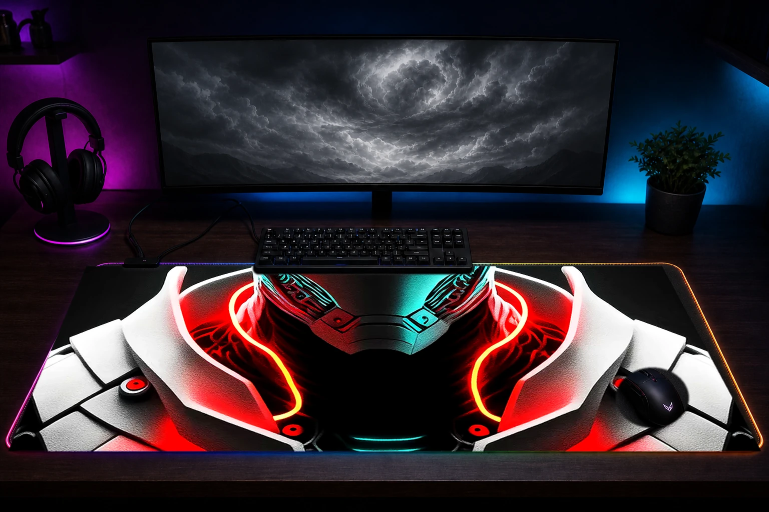 Portrait Of White Robot RGB Desk Mat immersive setup scene