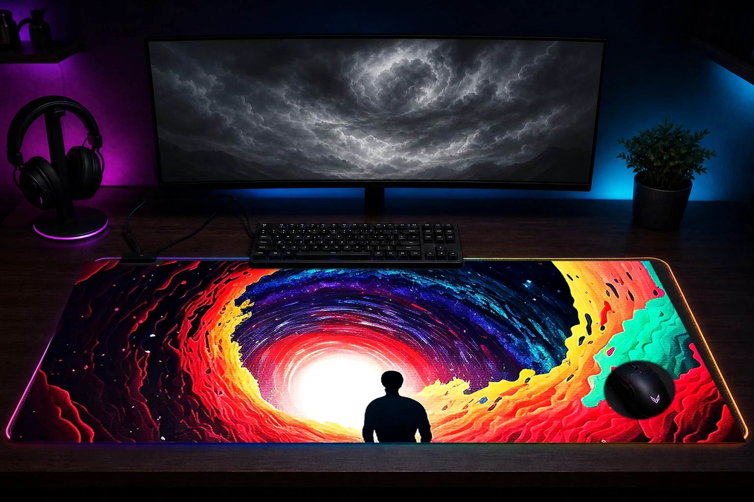 Colorful Street RGB Desk Mat immersive setup scene