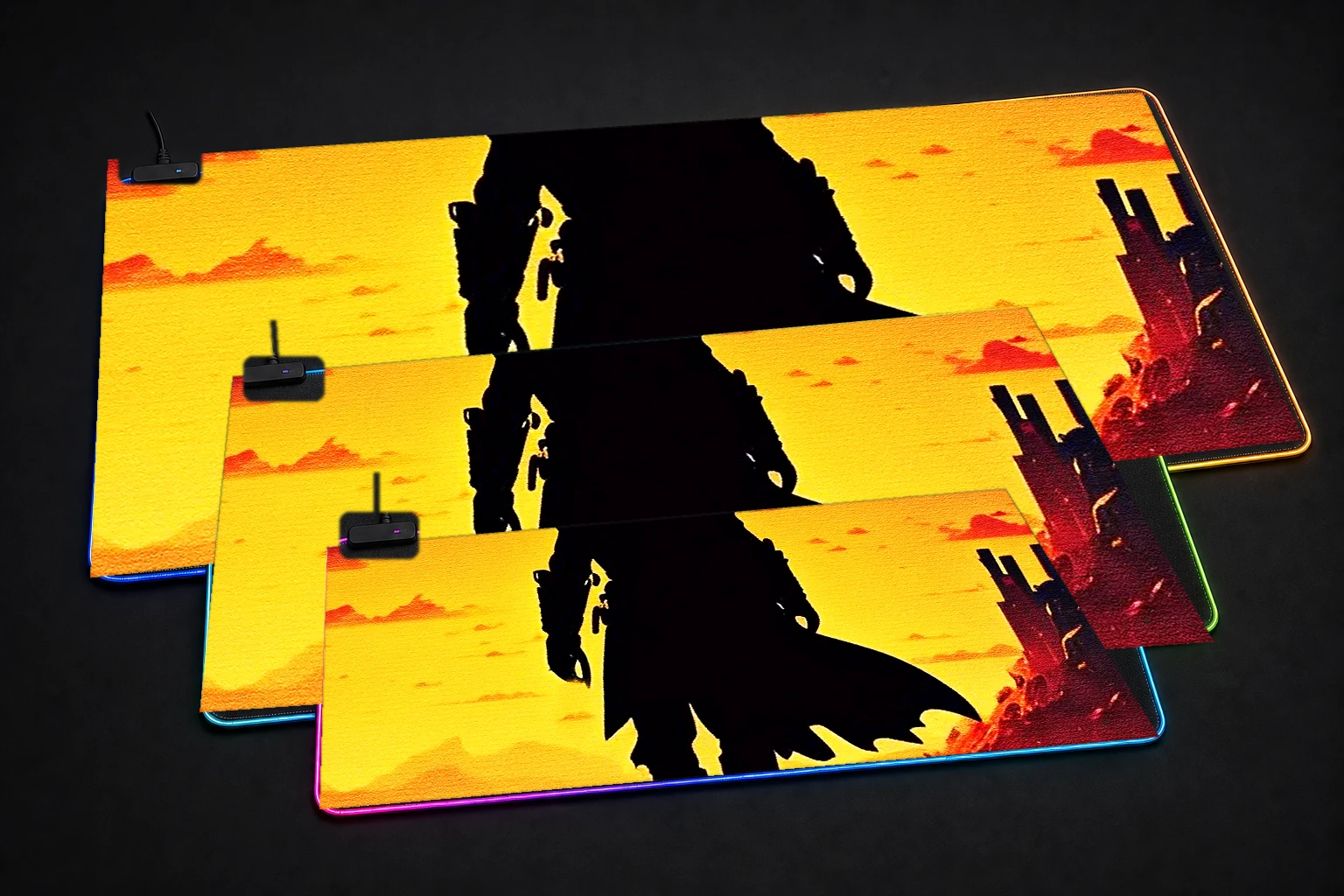 The Journey RGB Desk Mat three-size comparison